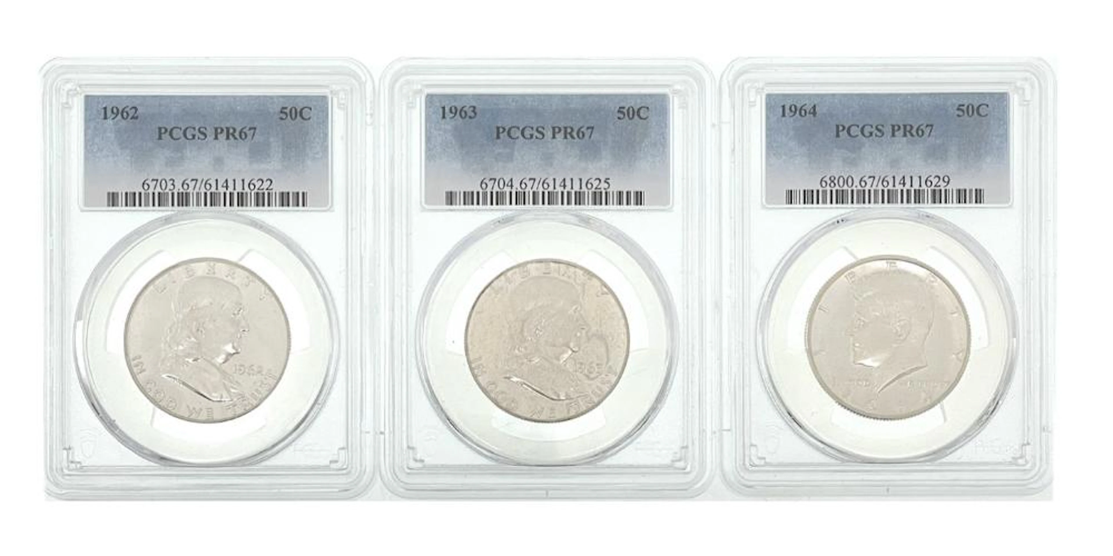 LOT OF 3 1926-1964 FRANKLIN SILVER HALVES PCGS PR67