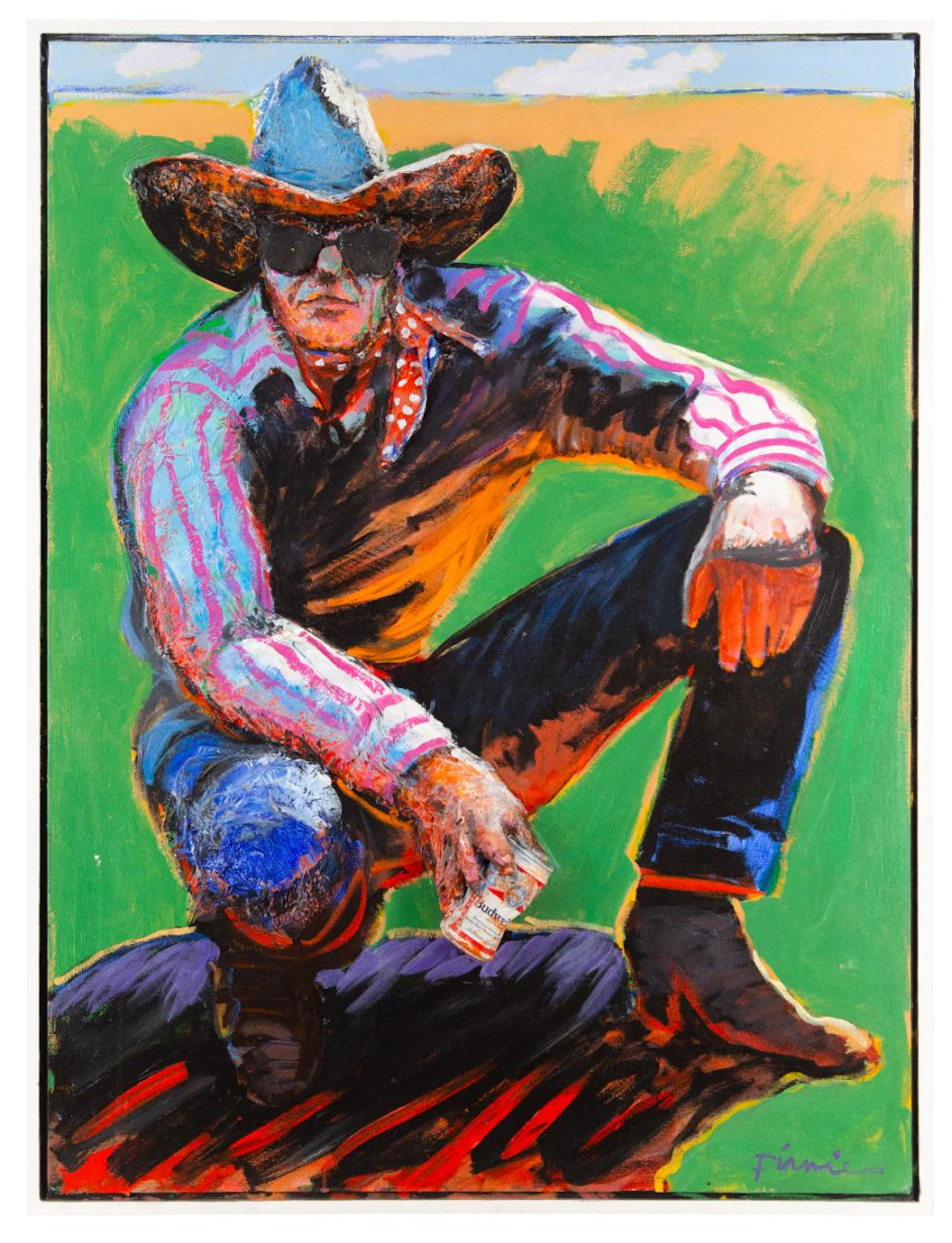 LARRY PIRNIE "WETTIN THE WHISTLE" 3-DIMENSIONAL MIXED MEDIA ON CANVAS