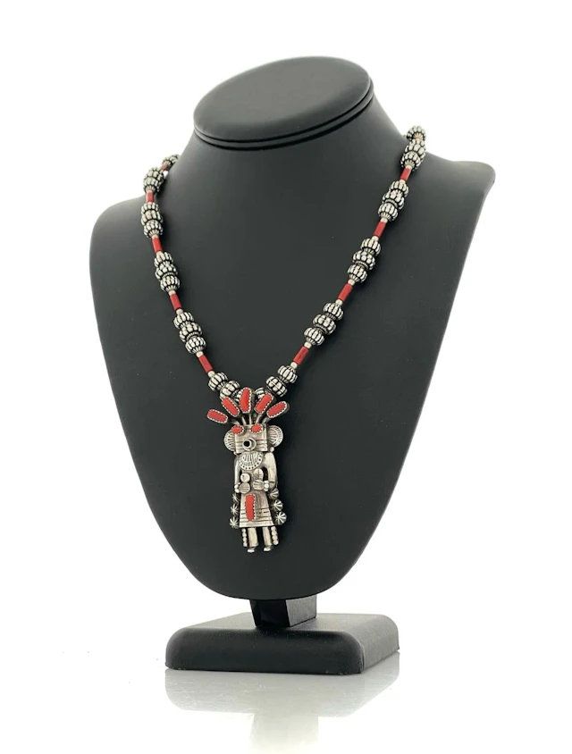 TOBY HENDERSON NAVAJO STERLING SILVER CORAL KACHINA PENDANT BROOCH NECKLACE