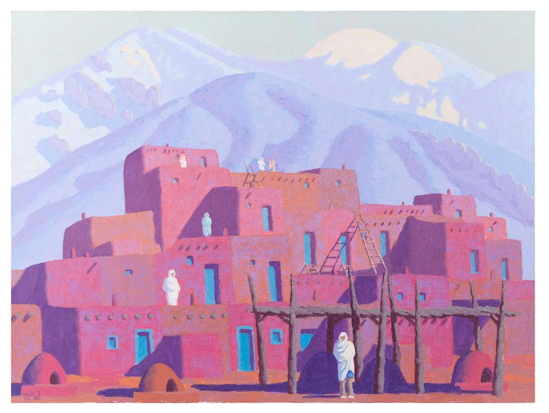 CARLOS HALL "TAOS PUEBLO" OIL ON CANVAS