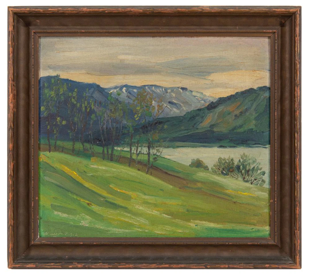 WALTER UFER "SPRING - TEGERNSEE, BAVARIAN ALPS" OIL ON BOARD