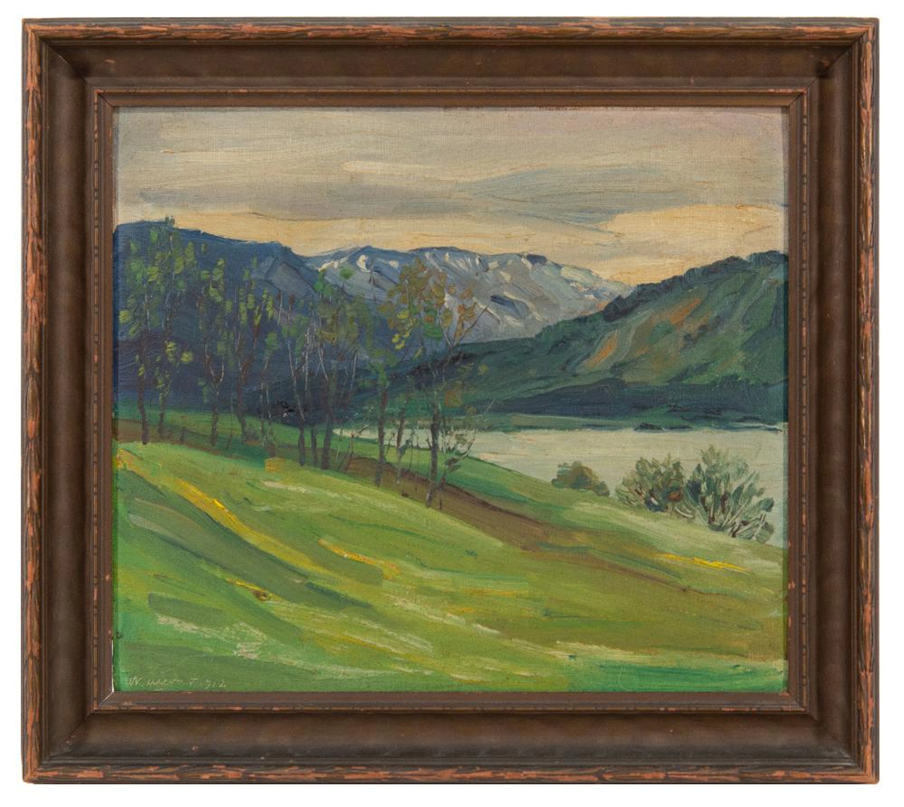 WALTER UFER "SPRING - TEGERNSEE, BAVARIAN ALPS" OIL ON BOARD