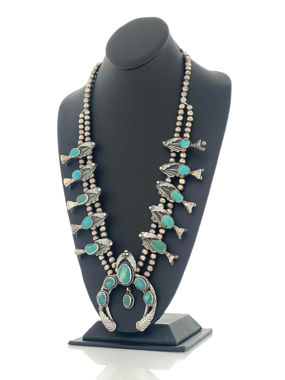 NAVAJO STERLING SILVER TURQUOISE SQUASH BLOSSOM NECKLACE