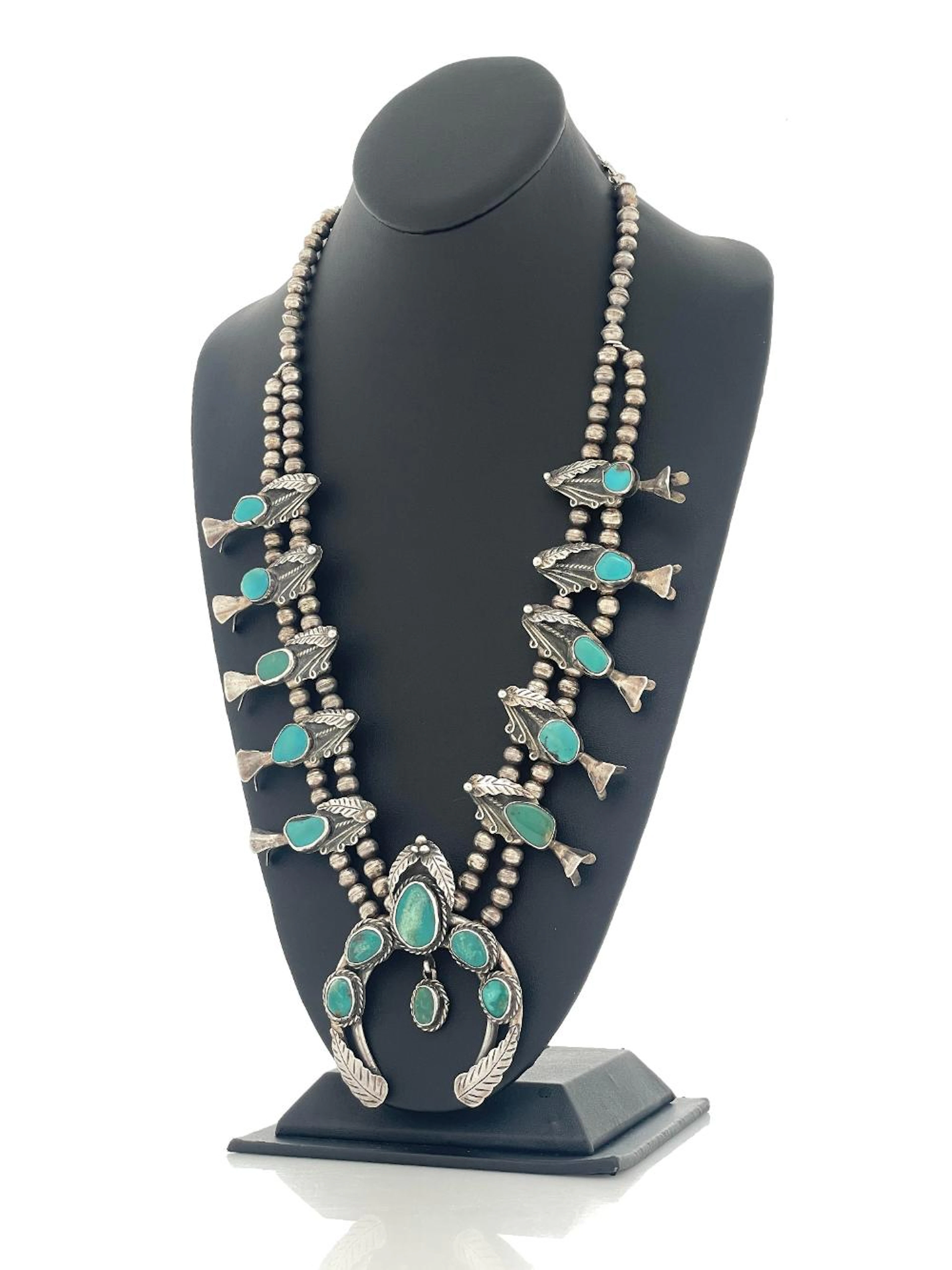NAVAJO STERLING SILVER TURQUOISE SQUASH BLOSSOM NECKLACE