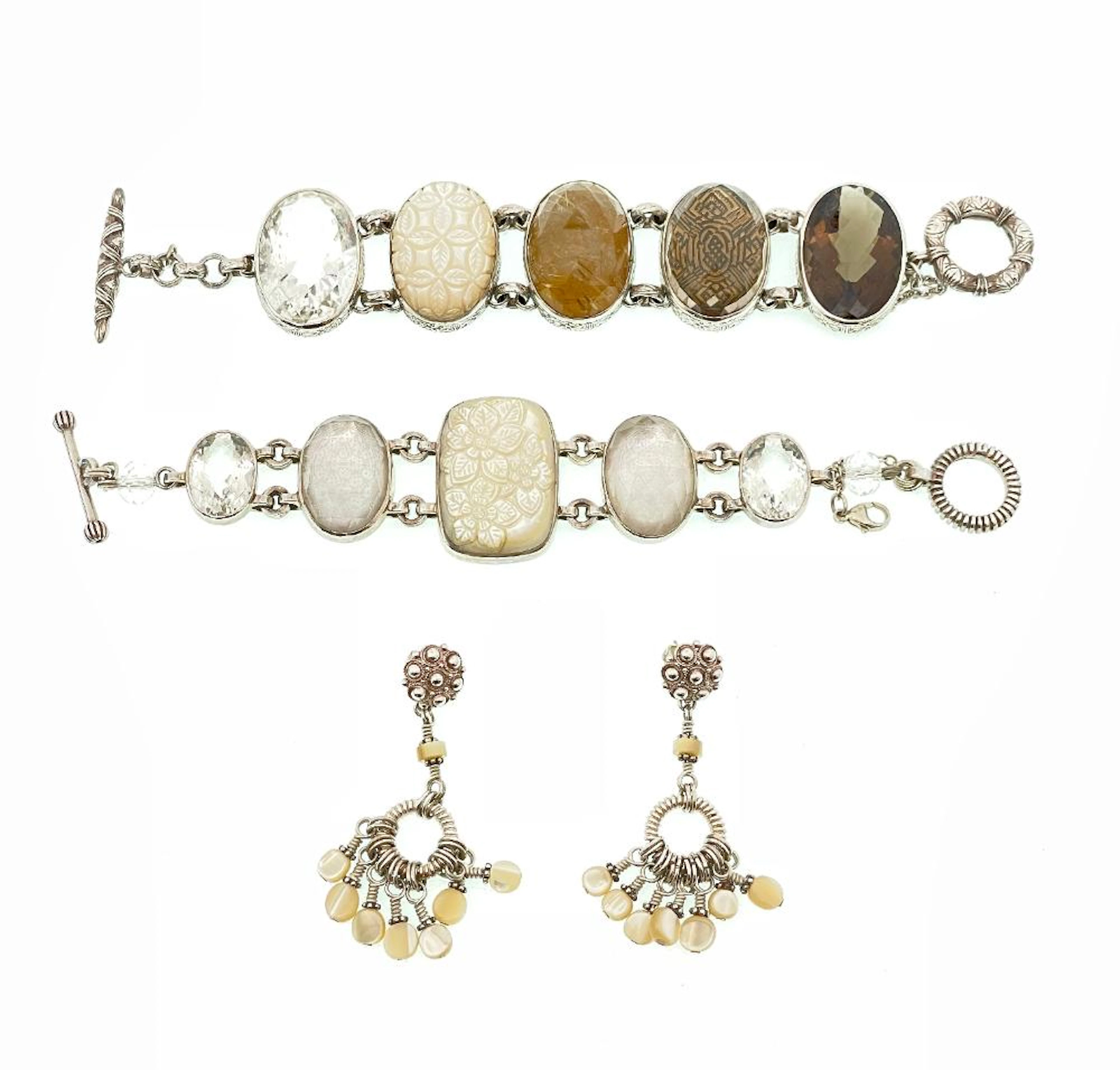 4PC STEPHEN DWECK STERLING SILVER QUARTZ & MOTHER OF PEARL BRACELETS & EARRINGS