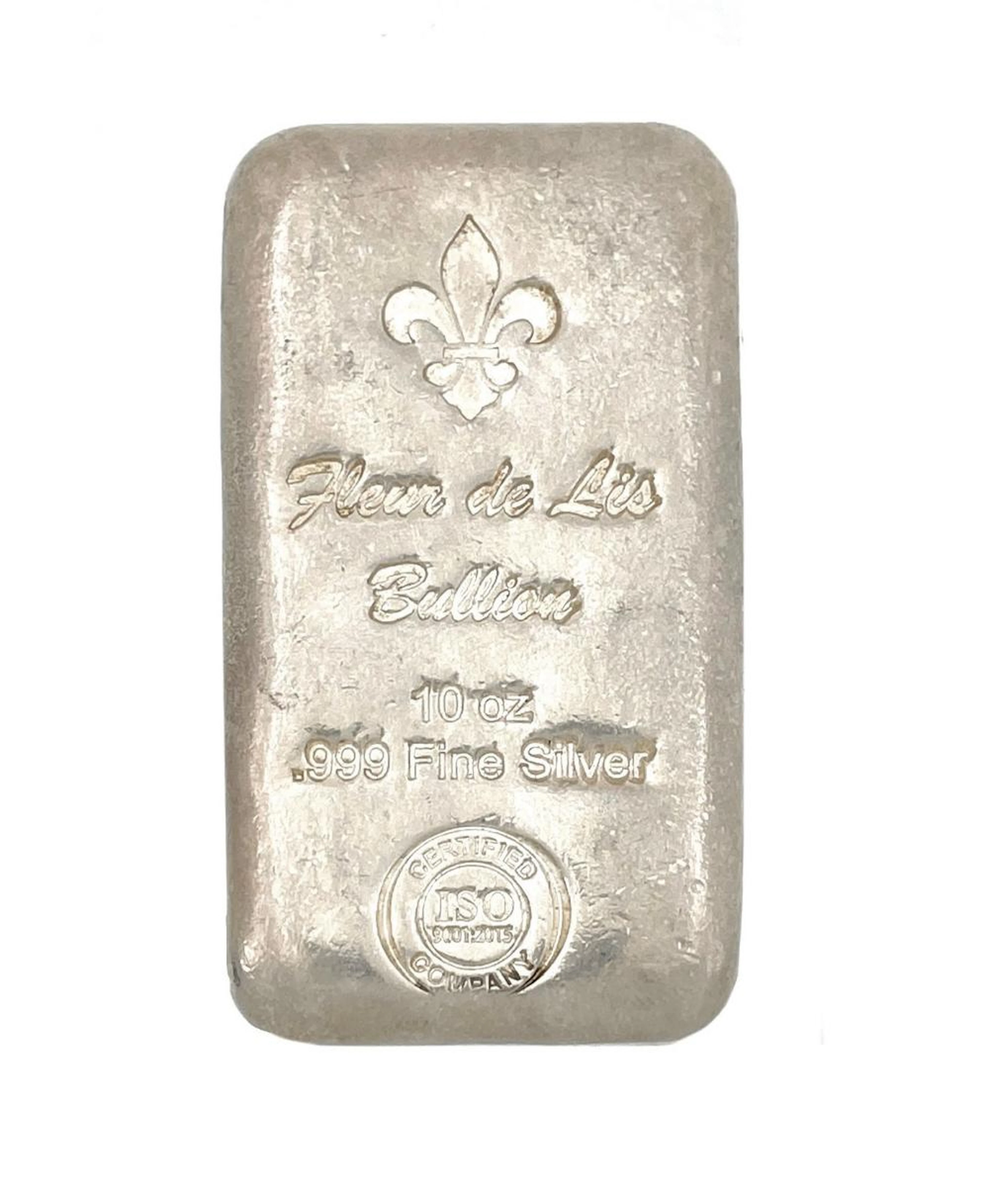 CAST POURED 10 TROY OZ .999 FINE SILVER "FLEUR DE LIS" BAR ISO CERTIFIED