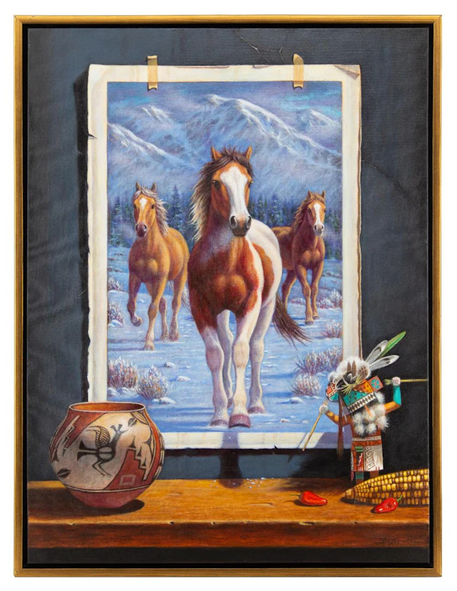 BO NEWELL "STEPPING OUTSIDE THE PROVERBIAL BOX" OIL ON CANVAS