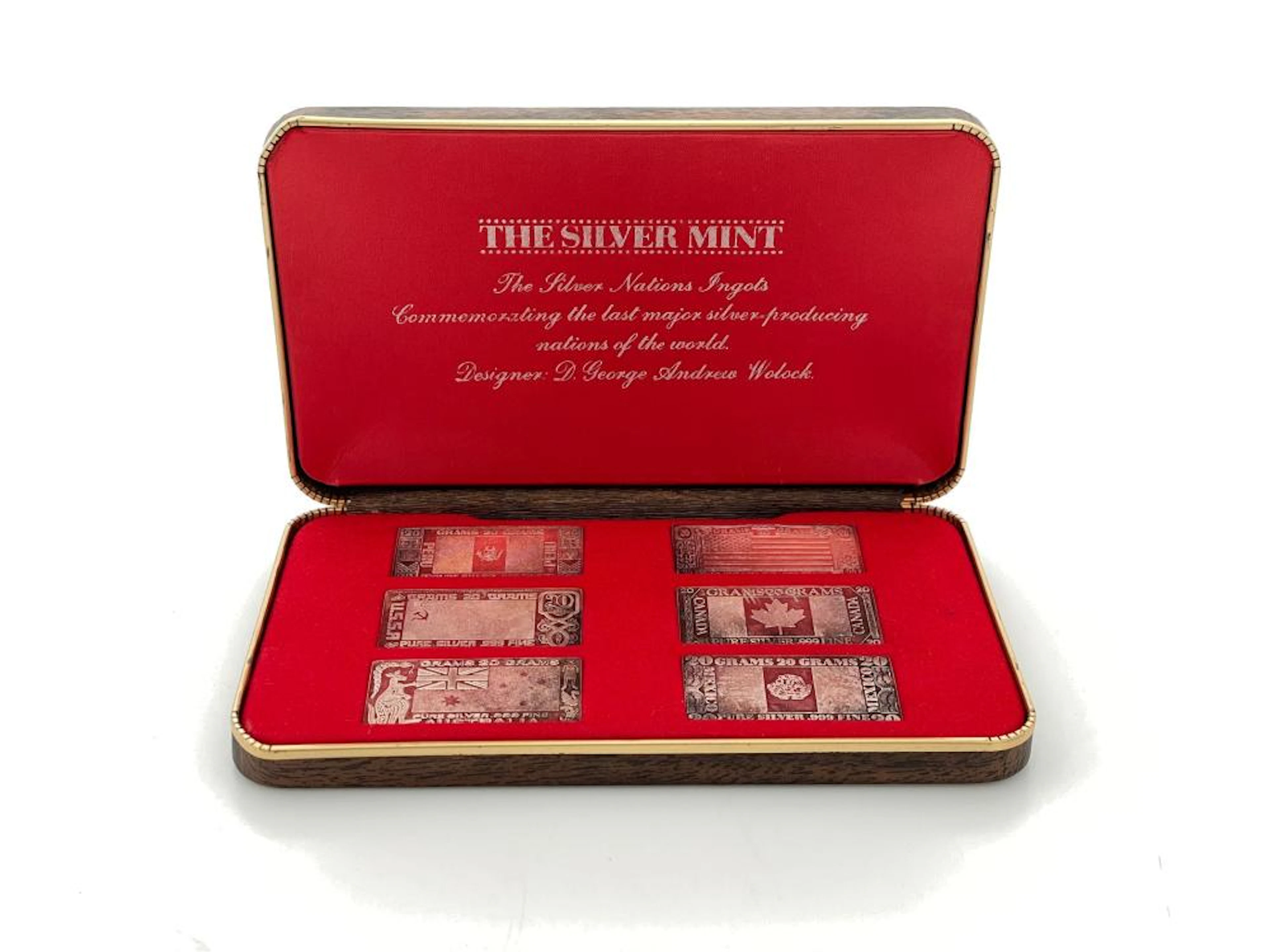 LOT OF 6 .999 FINE SILVER NATIONS INGOTS BY THE SILVER MINT