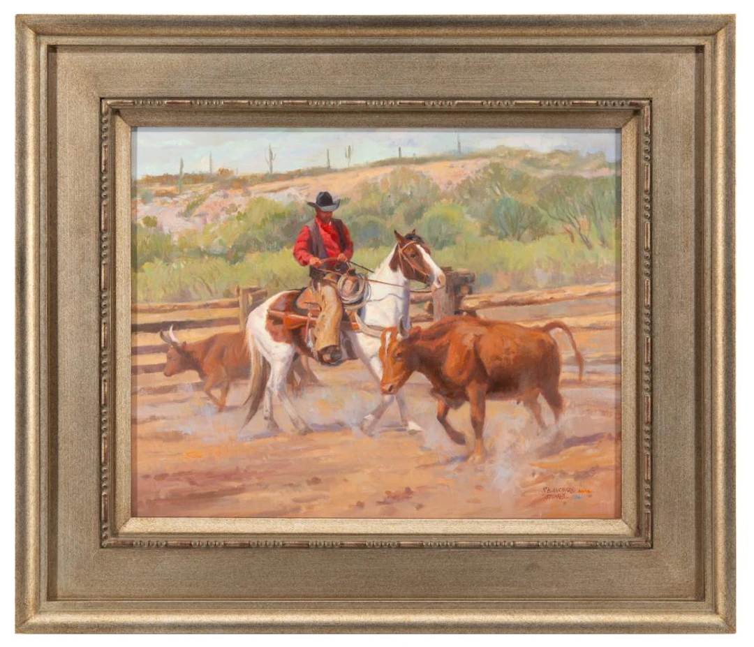 SHERRY BLANCHARD STUART "SORTING COWS" OIL ON CANVAS