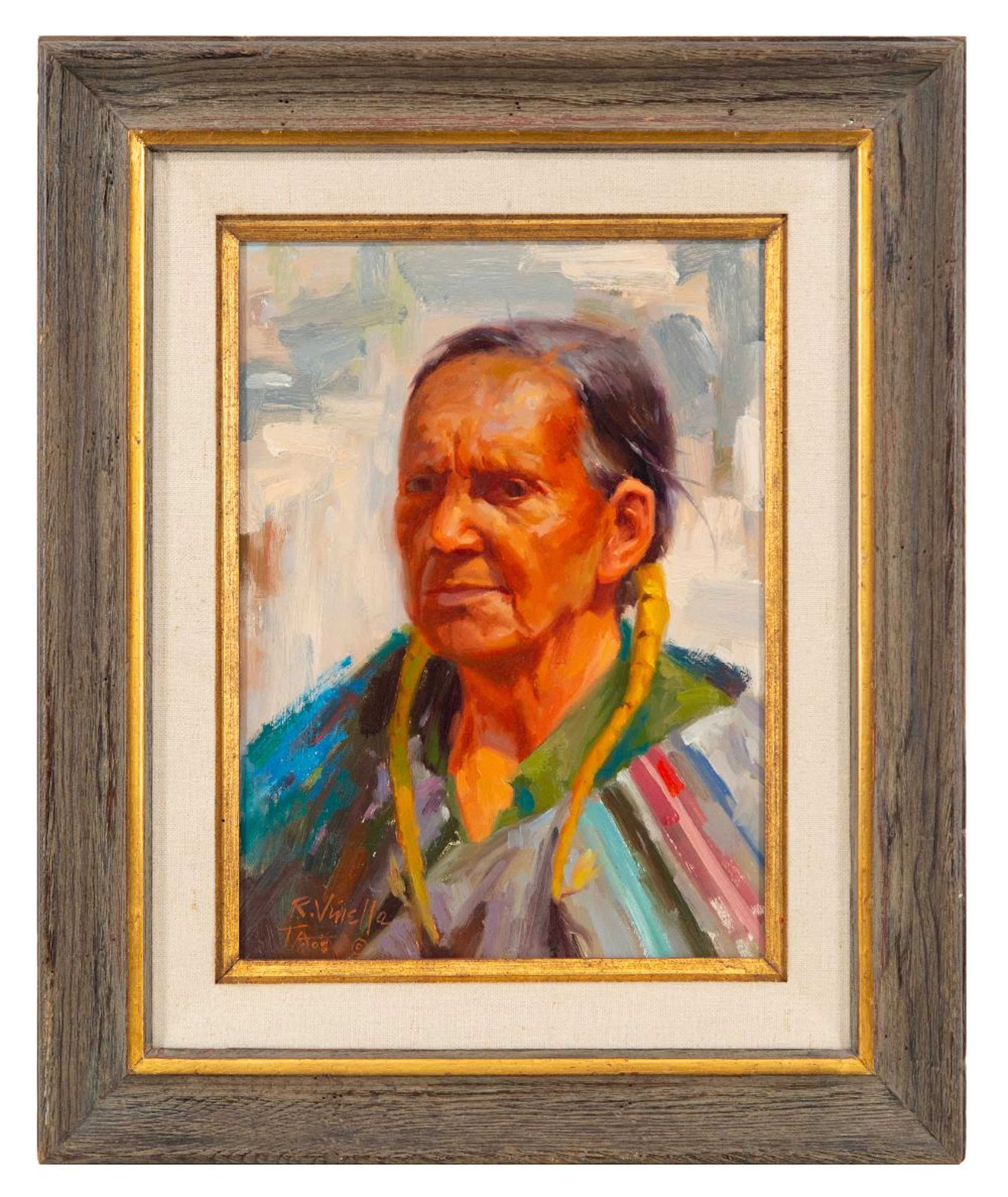 RAY VINELLA "TAOS INDIAN WITH YELLOW BRAID" OIL ON BOARD