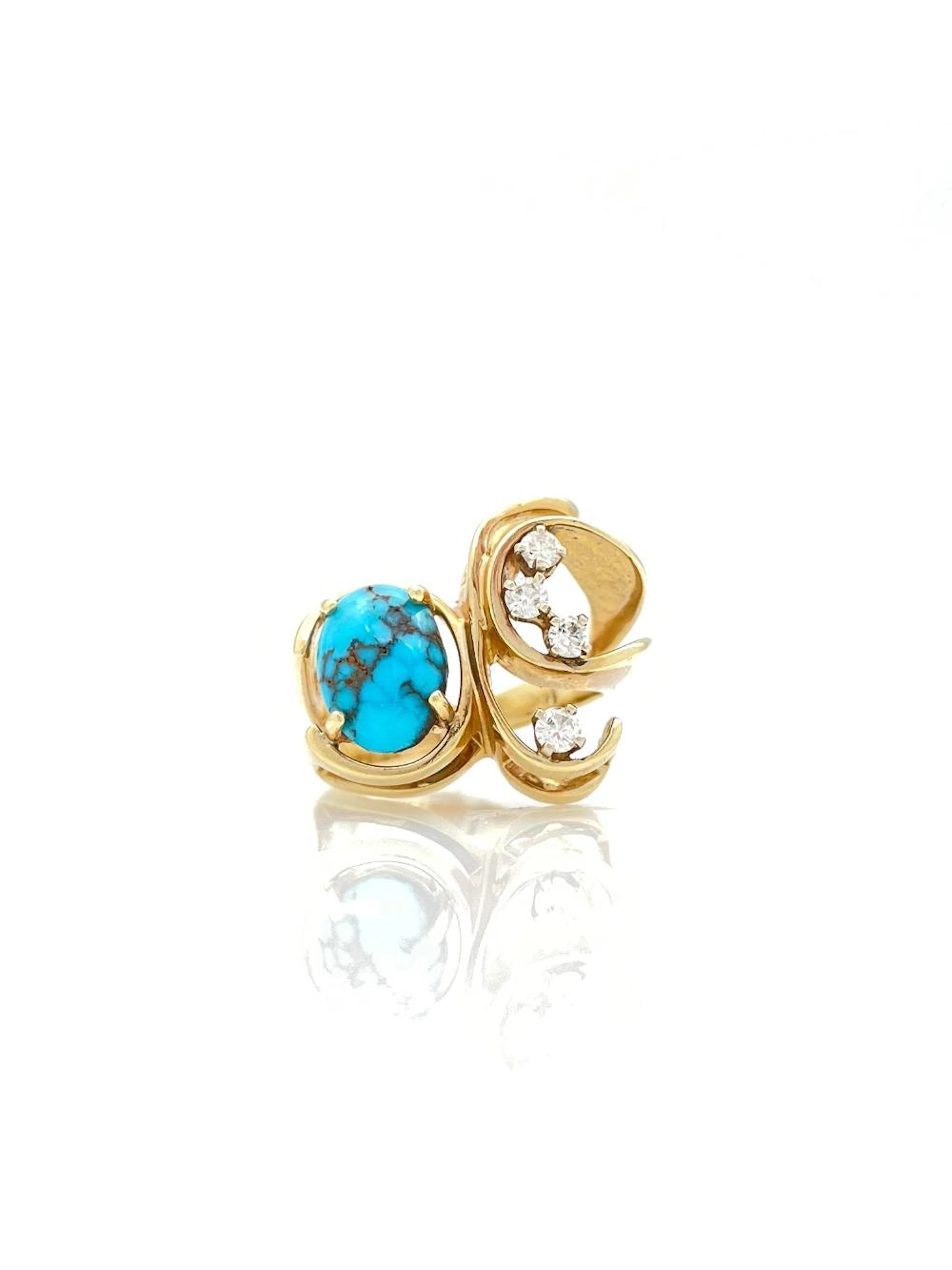14K YELLOW GOLD DIAMOND & TURQUOISE RING