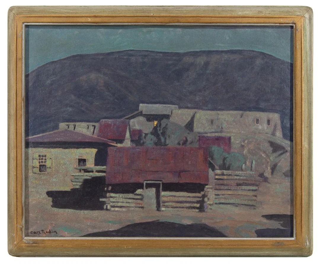CARL REDIN "CARNUEL VILLAGE, TIJERAS CANYON" OIL ON CANVAS