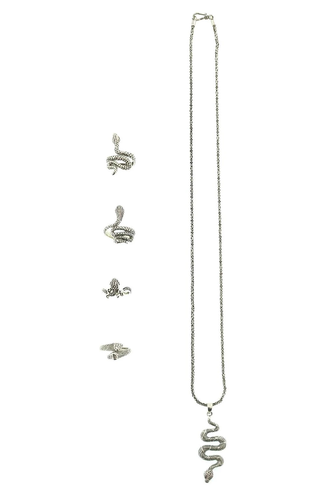LOT OF 5 ASSORTED STERLING SILVER SNAKE RINGS & PENDANT NECKLACE
