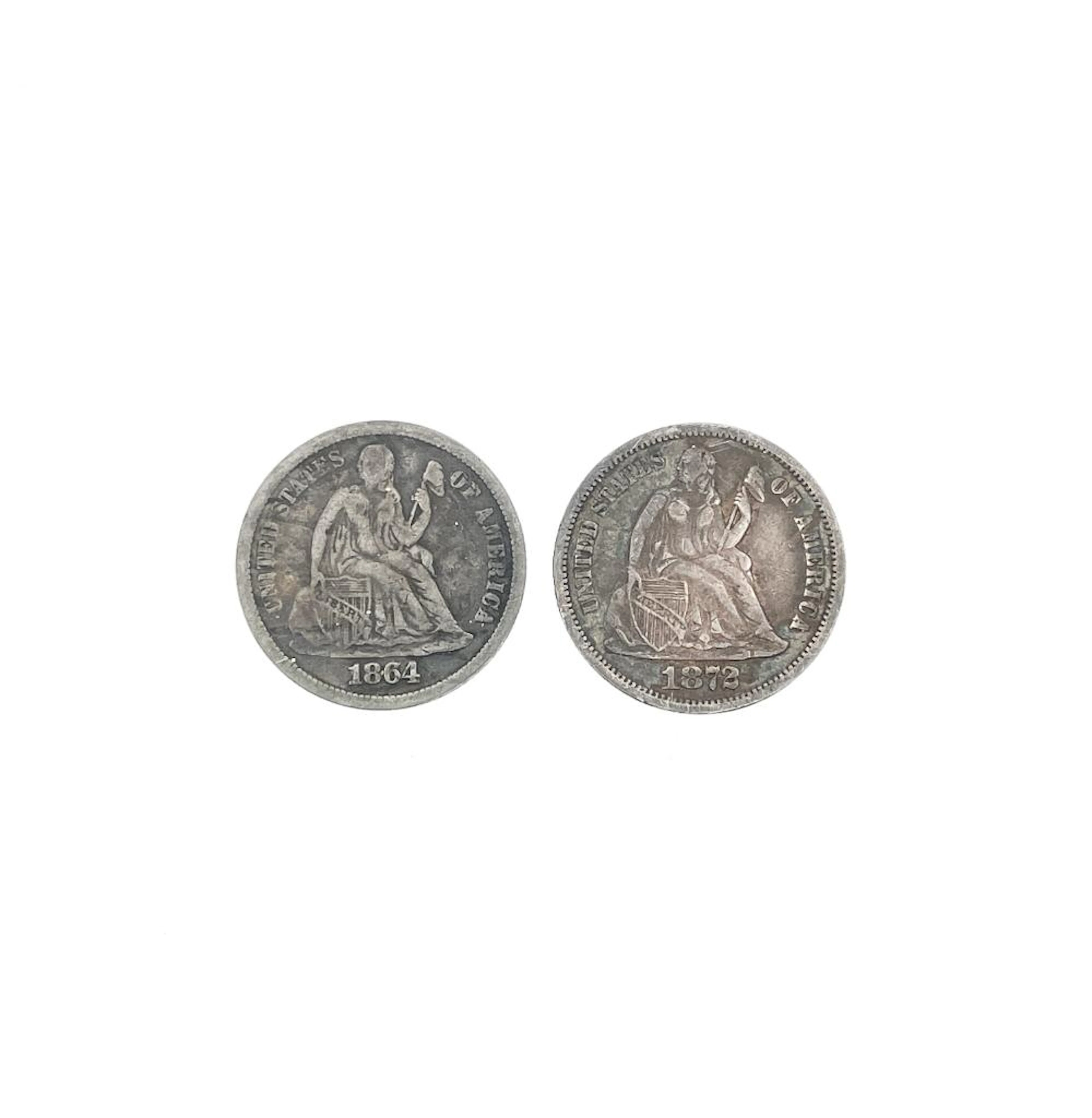 LOT OF 2 1864-S & 1872-S SEATED LIBERTY SILVER DIMES TYPE 4-LEGEND ON OBVERSE