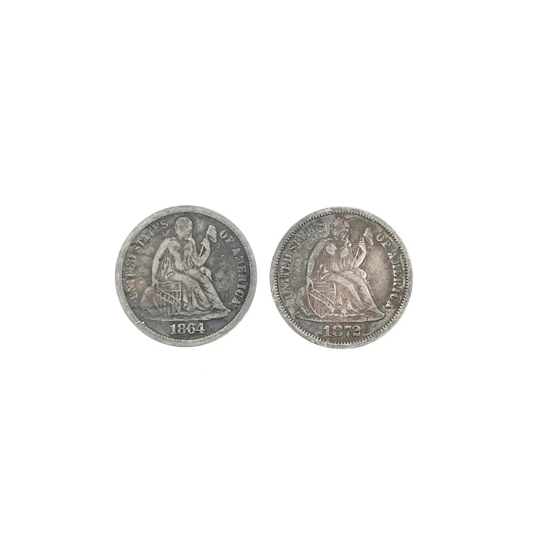 LOT OF 2 1864-S & 1872-S SEATED LIBERTY SILVER DIMES TYPE 4-LEGEND ON OBVERSE