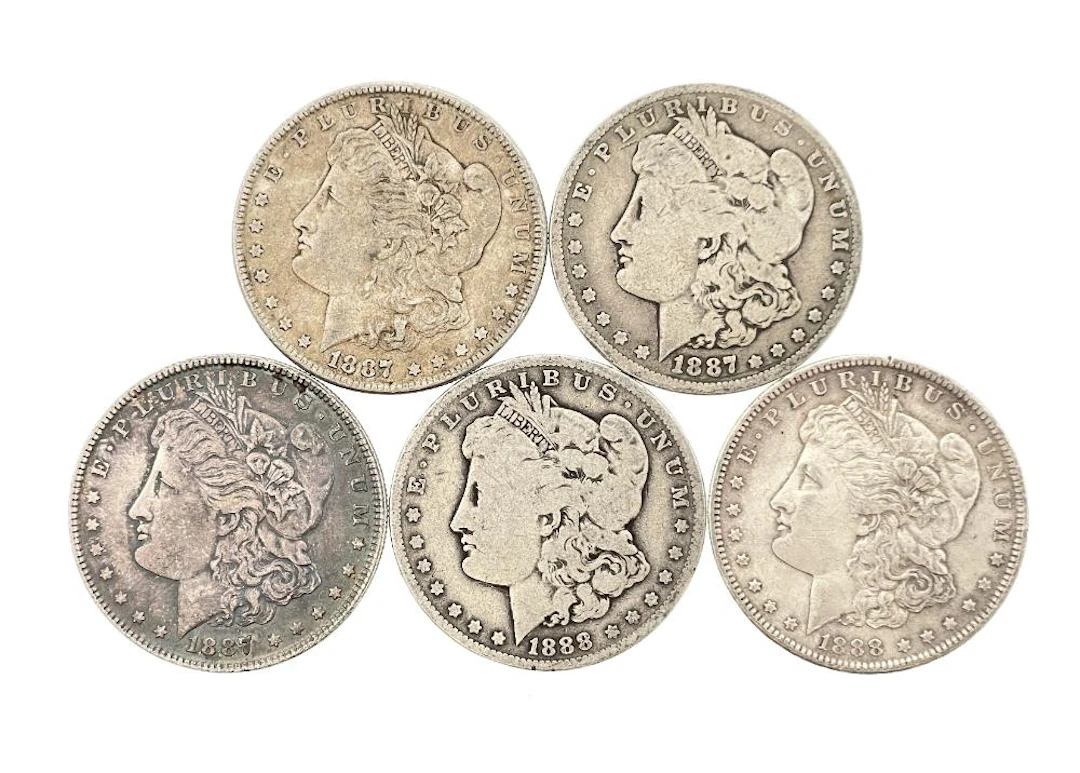LOT OF 5 ASSORTED 1887 & 1888 MORGAN SILVER DOLLARS