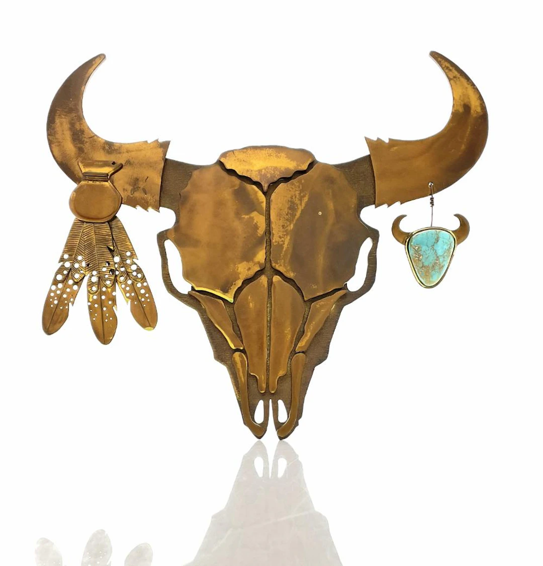 CHARLES PRATT "BISON SKULL" BRONZE & TURQUOISE WALL SCULPTURE