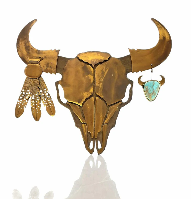 CHARLES PRATT "BISON SKULL" BRONZE & TURQUOISE WALL SCULPTURE