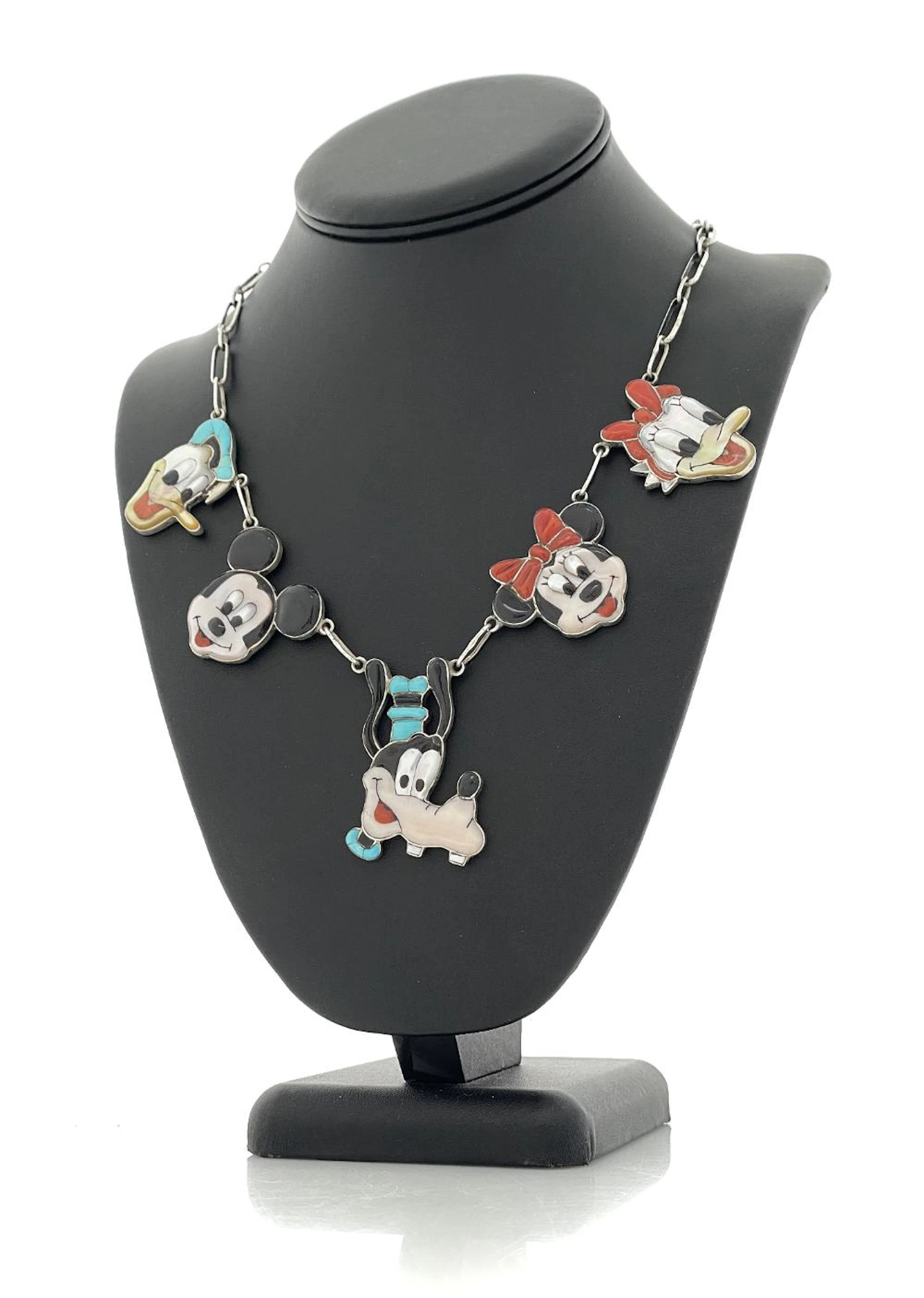 DON DEWA ZUNI STERLING SILVER MULTI STONE INLAY MICKEY MOUSE & FRIENDS NECKLACE