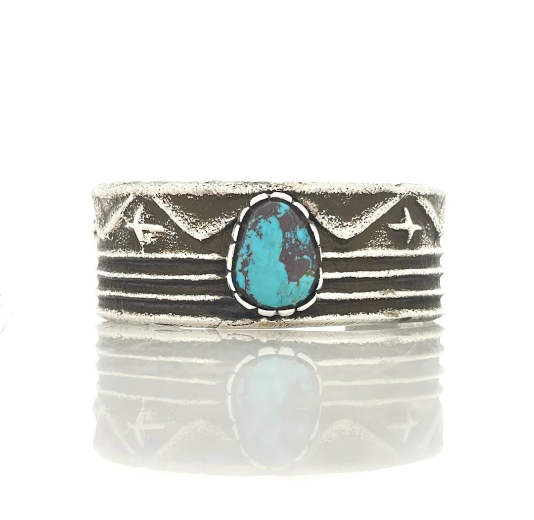 MERLIN JAMES NAVAJO STERLING SILVER TURQUOISE TUFA CAST CUFF