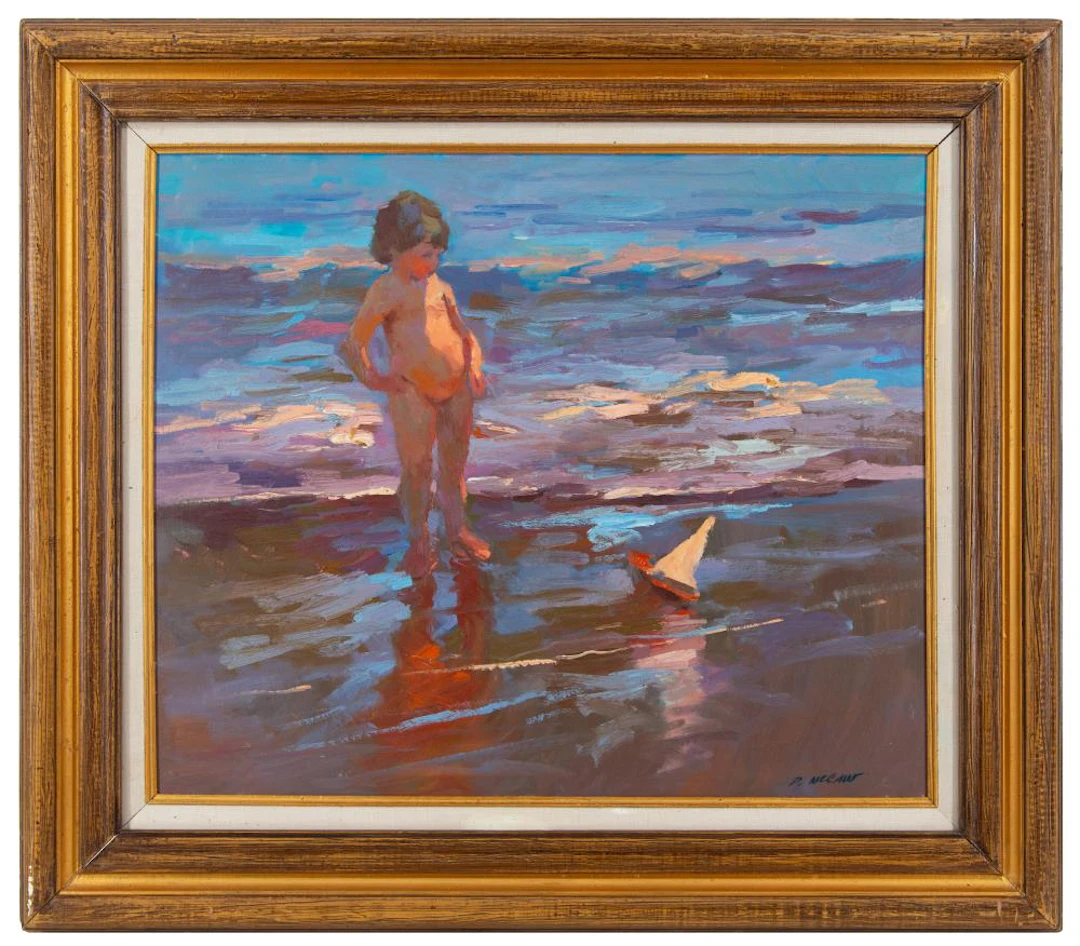 DAN MCCAW CHILD AT THE BEACH OIL ON BOARD