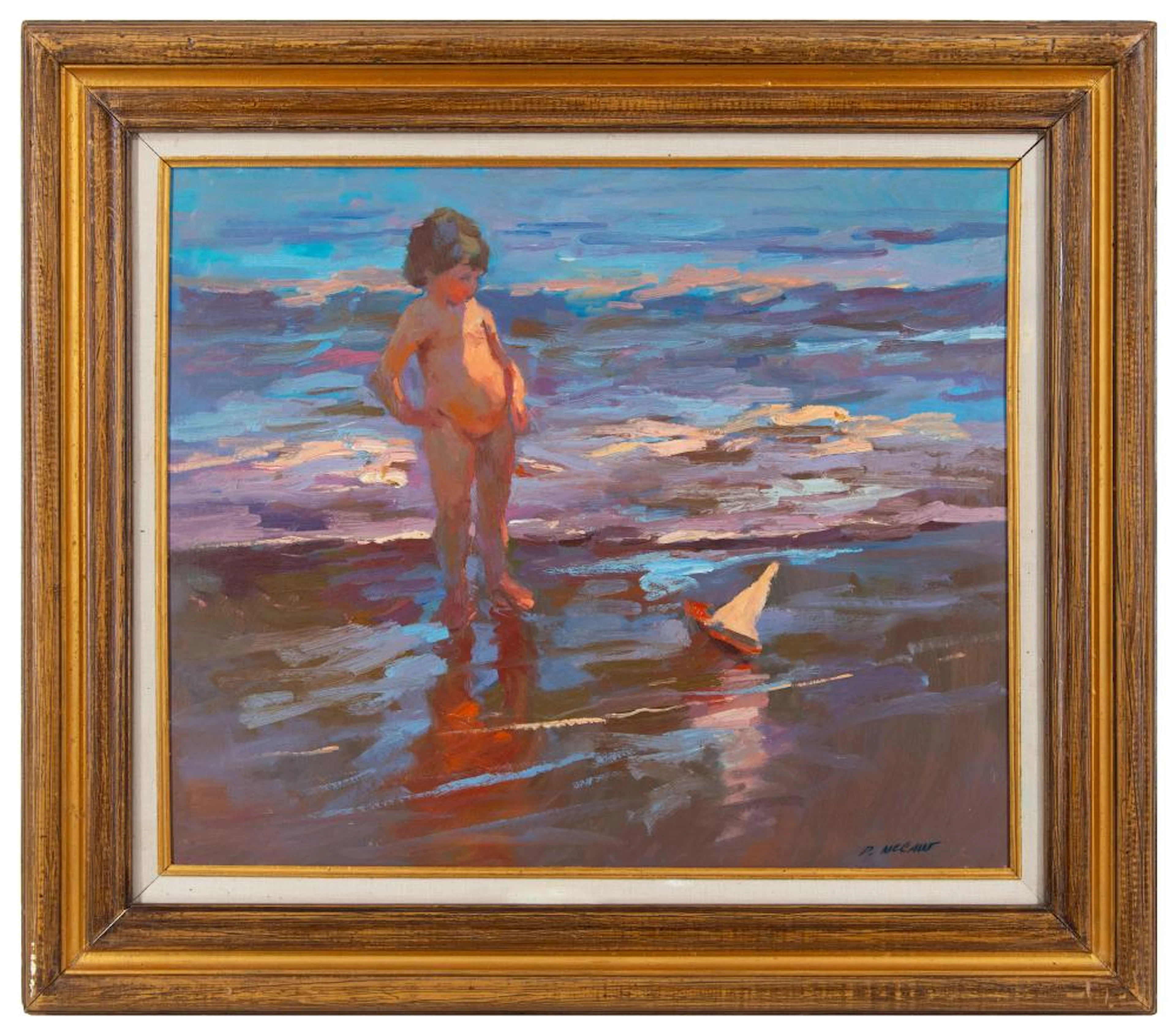 DAN MCCAW CHILD AT THE BEACH OIL ON BOARD