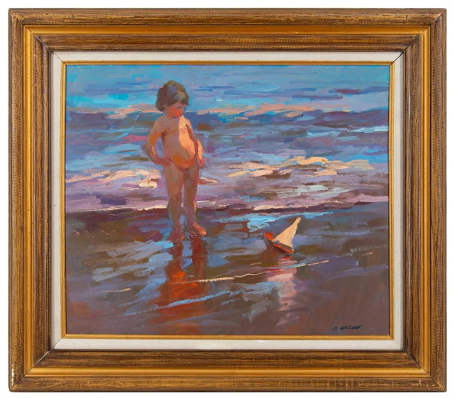 DAN MCCAW CHILD AT THE BEACH OIL ON BOARD