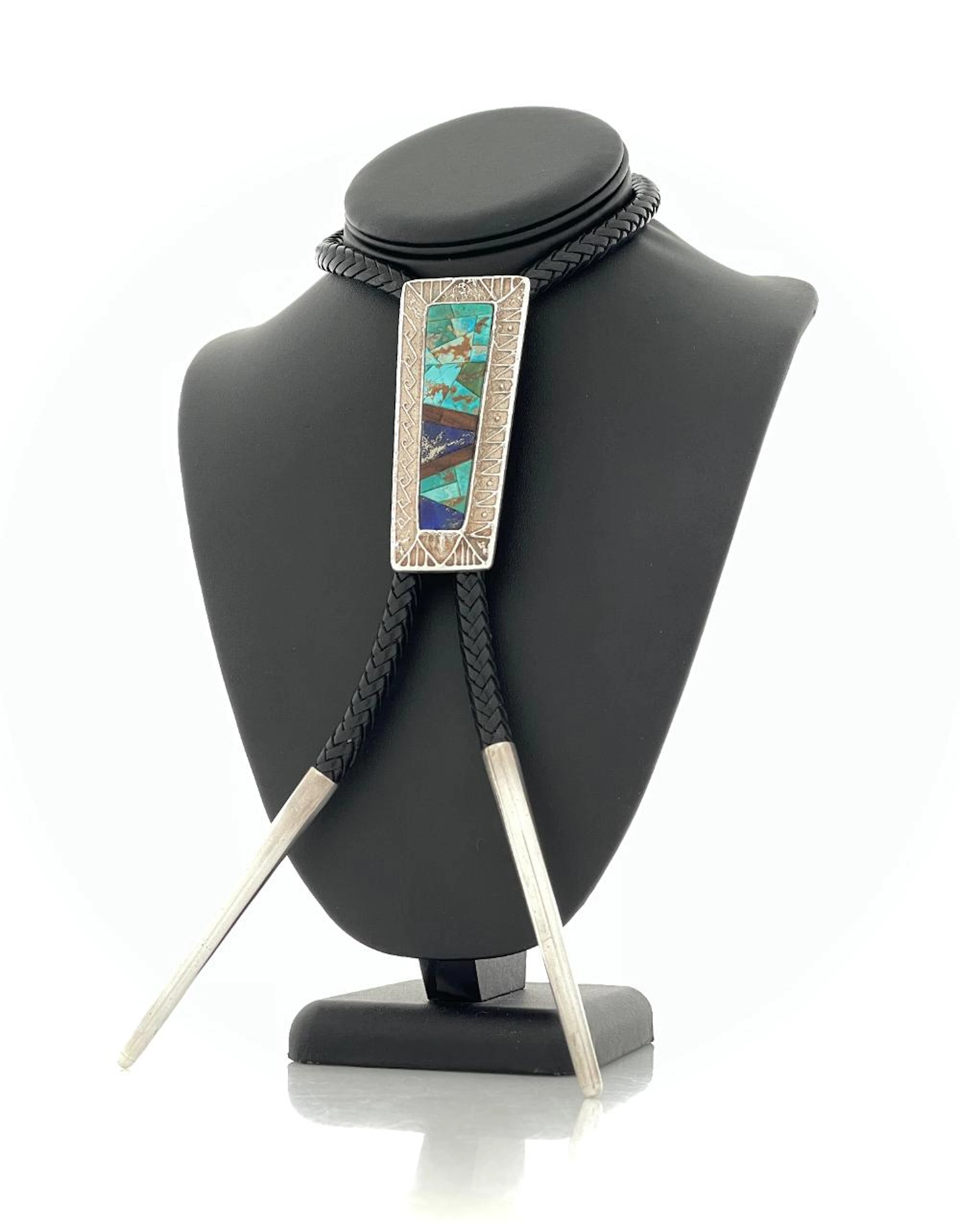 MONTY CLAW NAVAJO STERLING SILVER TUFA CAST MULTI STONE INLAY BOLO TIE