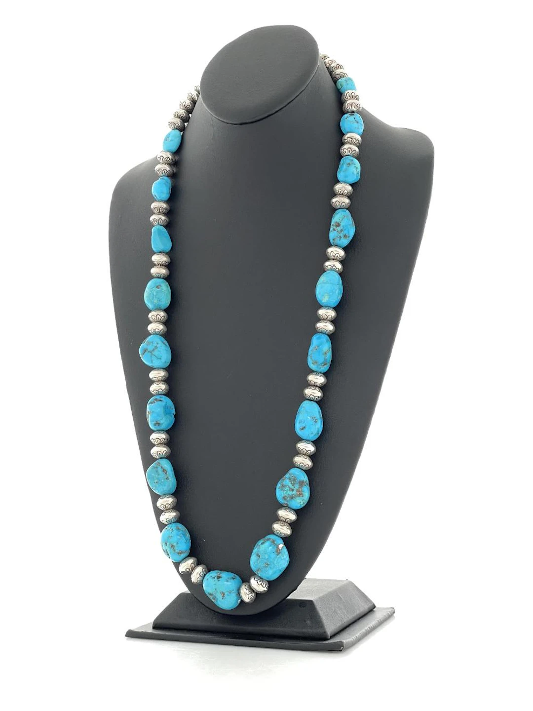 NATIVE AMERICAN STERLING SILVER NAVAJO PEARL BEADS & TURQUOISE NECKLACE