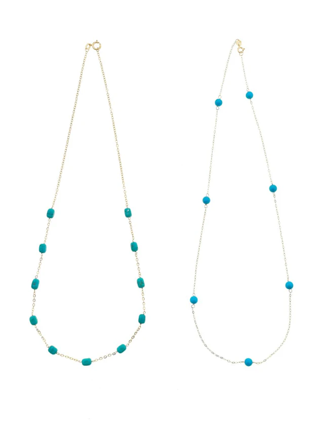 LOT OF 2 14K YELLOW GOLD TURQUOISE STATION NECKLACES