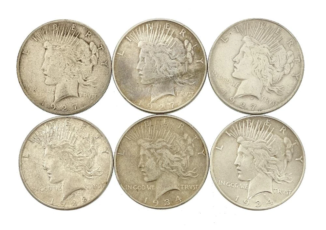LOT OF 6 ASSORTED SILVER PEACE DOLLARS
