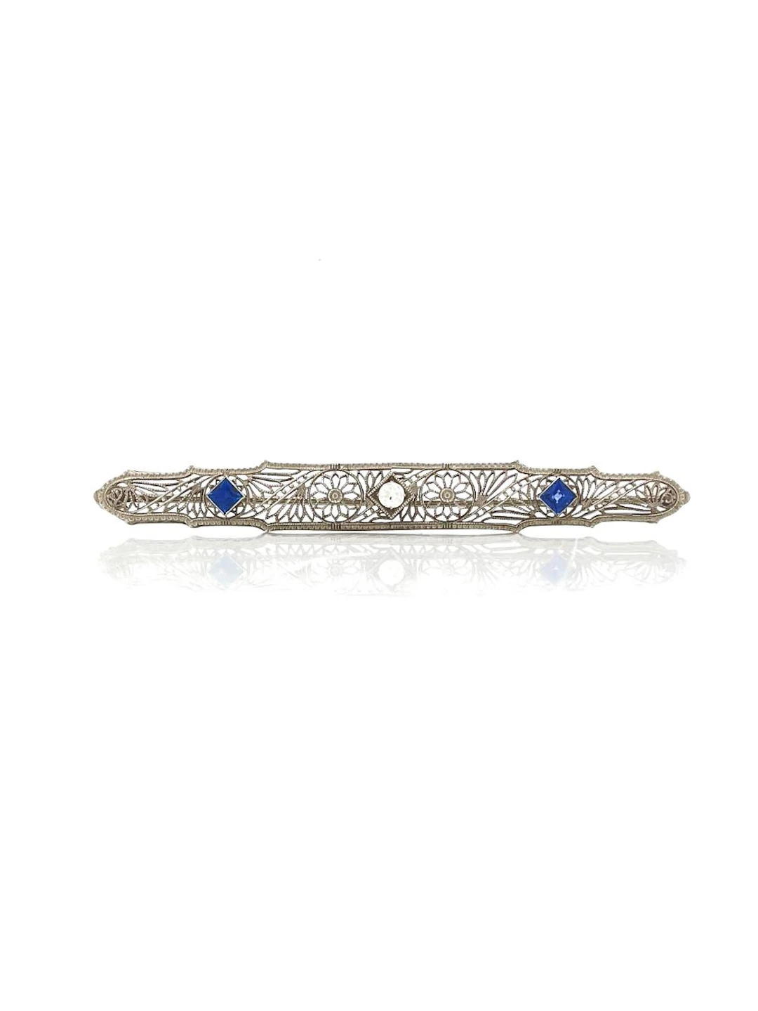 ART DECO 14K WHITE GOLD .48CTTW SAPPHIRE & DIAMOND BROOCH