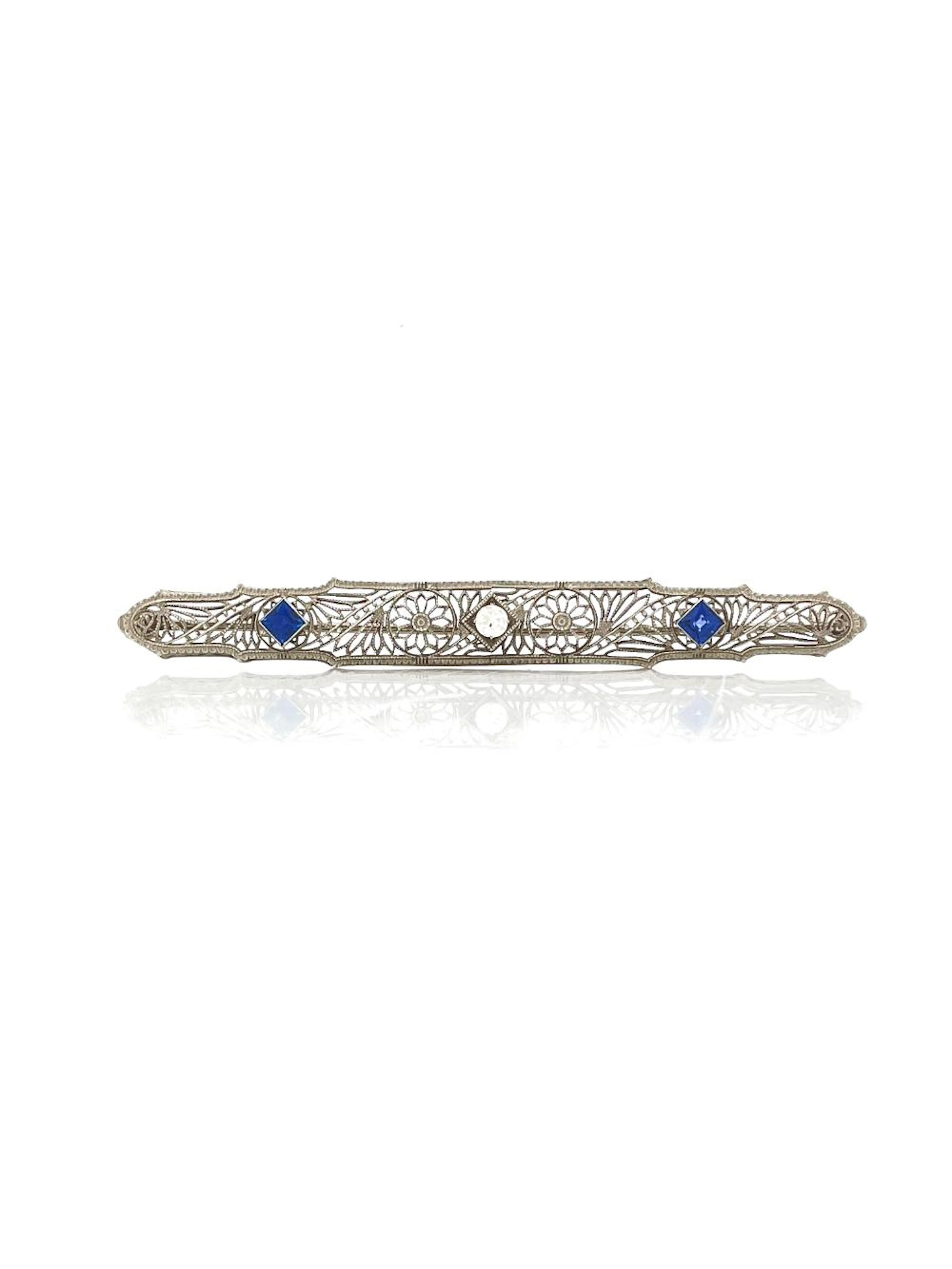 ART DECO 14K WHITE GOLD .48CTTW SAPPHIRE & DIAMOND BROOCH