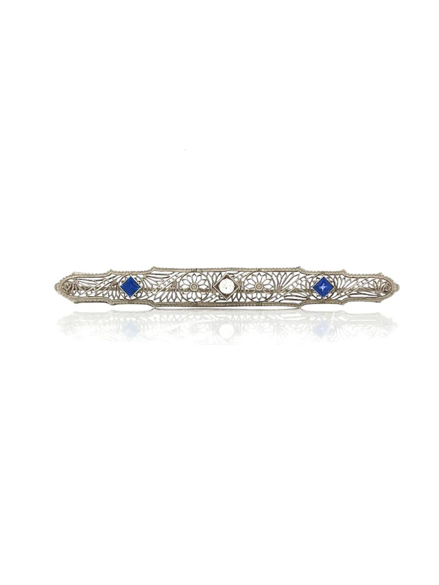 ART DECO 14K WHITE GOLD .48CTTW SAPPHIRE & DIAMOND BROOCH