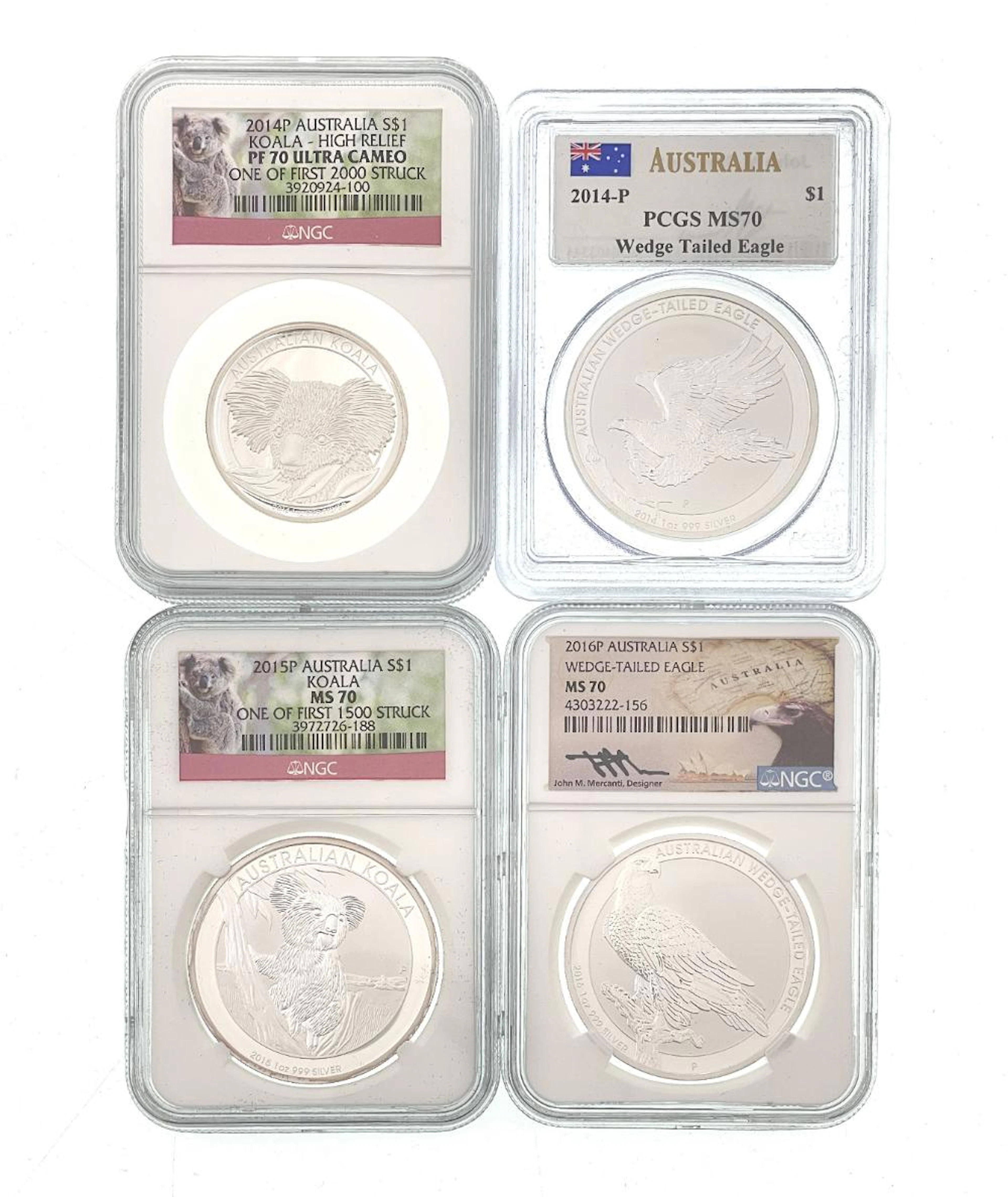 LOT OF 4 ASSORTED AUSTRALIA 1OZ .999 SILVER DOLLARS MS70 & PF70