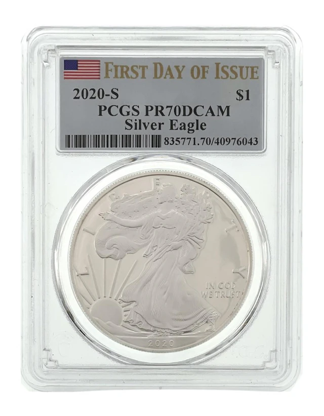 2020-S AMERICAN SILVER EAGLE FIRST DAY OF ISSUE PCGS PR70DCAM