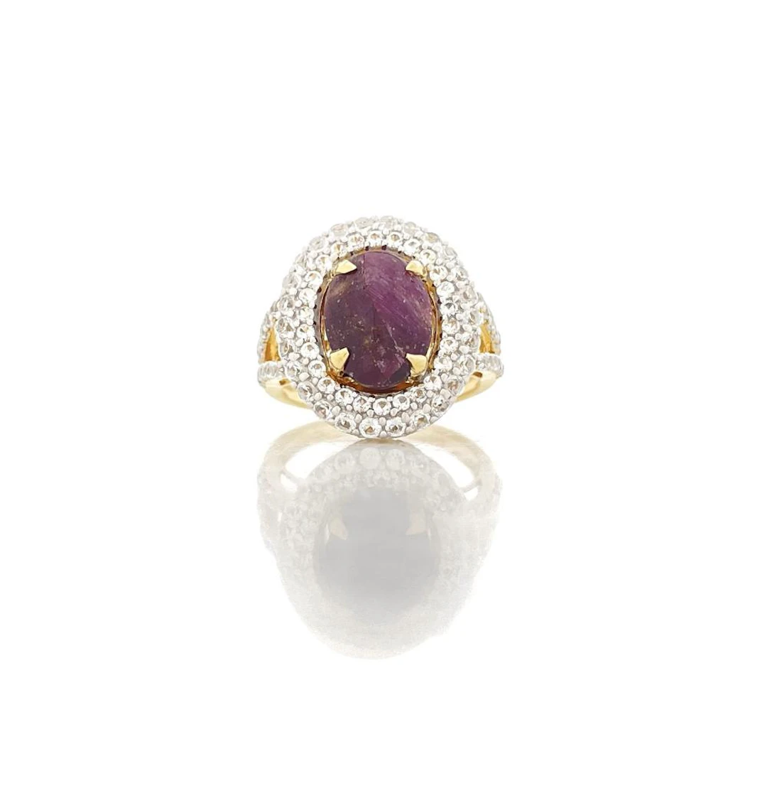 ORIANNE STERLING SILVER GOLD OVERLAY 9.58CTTW RUBY & SAPPHIRE HALO RING