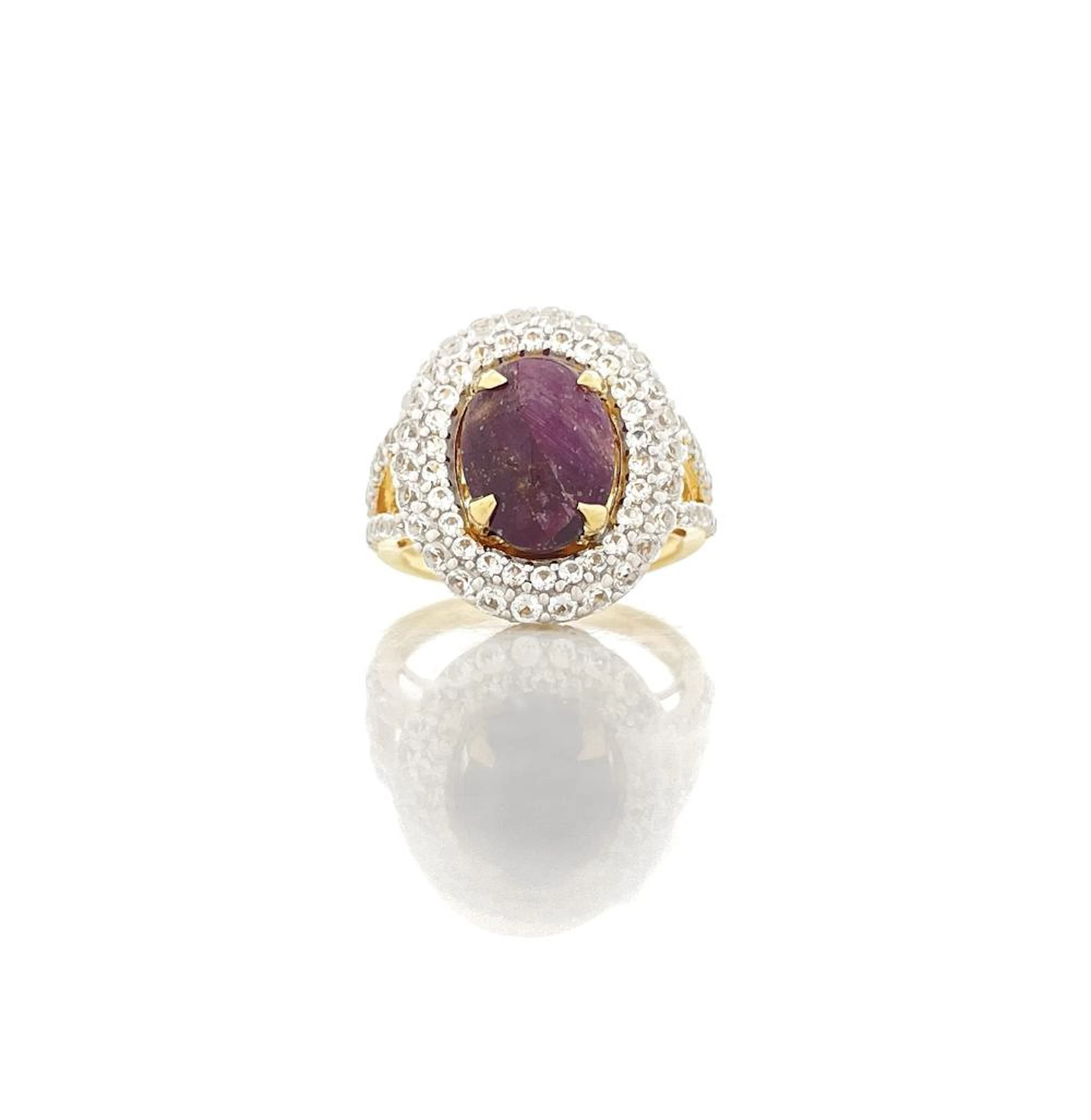 ORIANNE STERLING SILVER GOLD OVERLAY 9.58CTTW RUBY & SAPPHIRE HALO RING