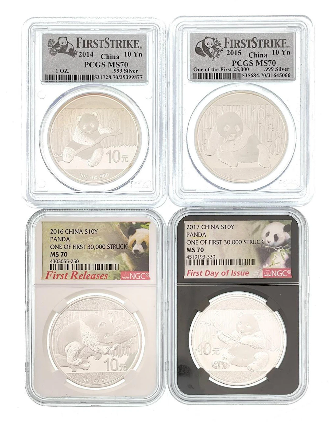 LOT OF 4 2014-2017 CHINA SILVER PANDAS 10 YUAN PCGS MS70