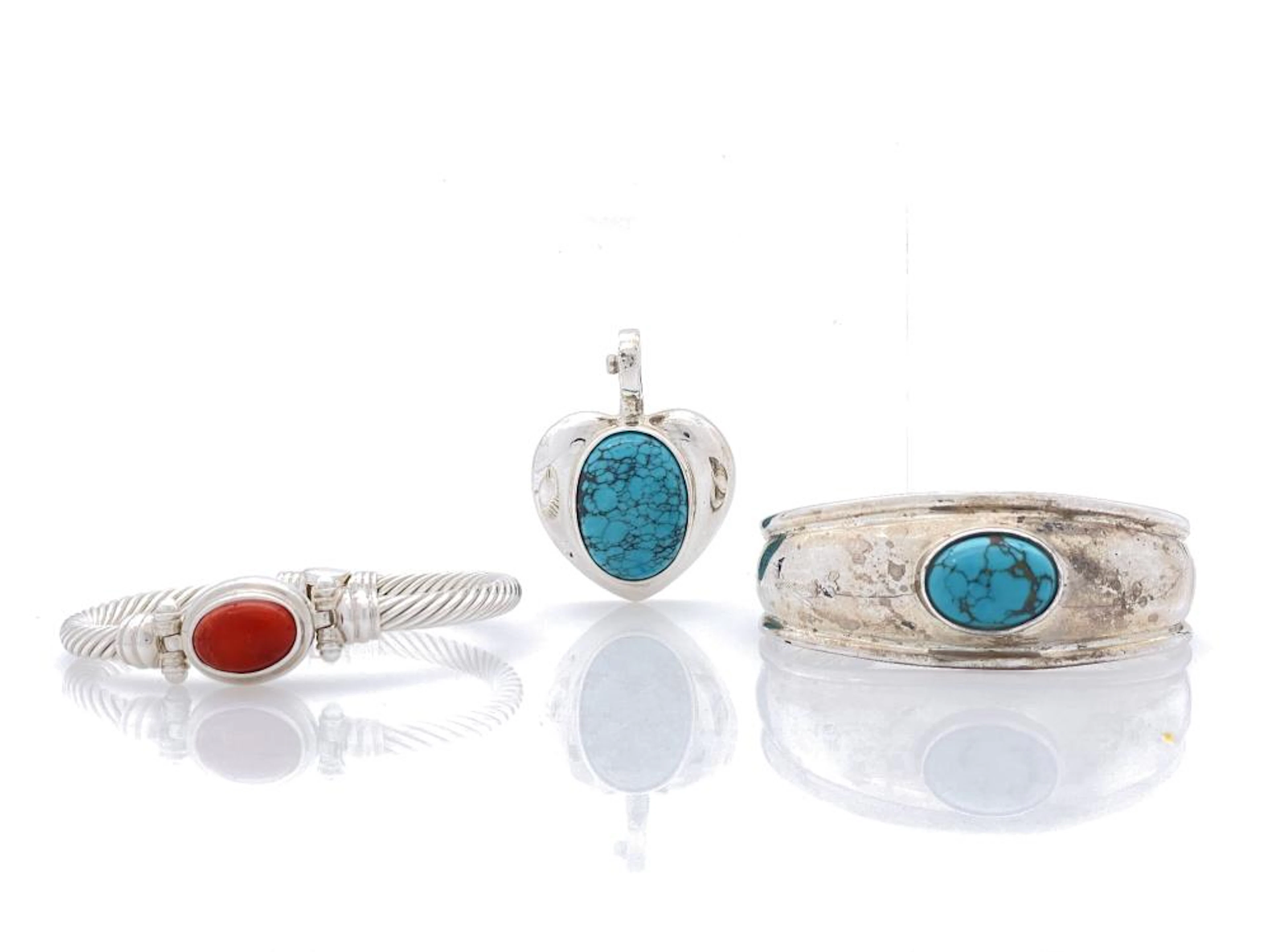 3PC JOSEPH ESPOSITO STERLING SILVER TURQUOISE & CORAL BRACELETS & PENDANT