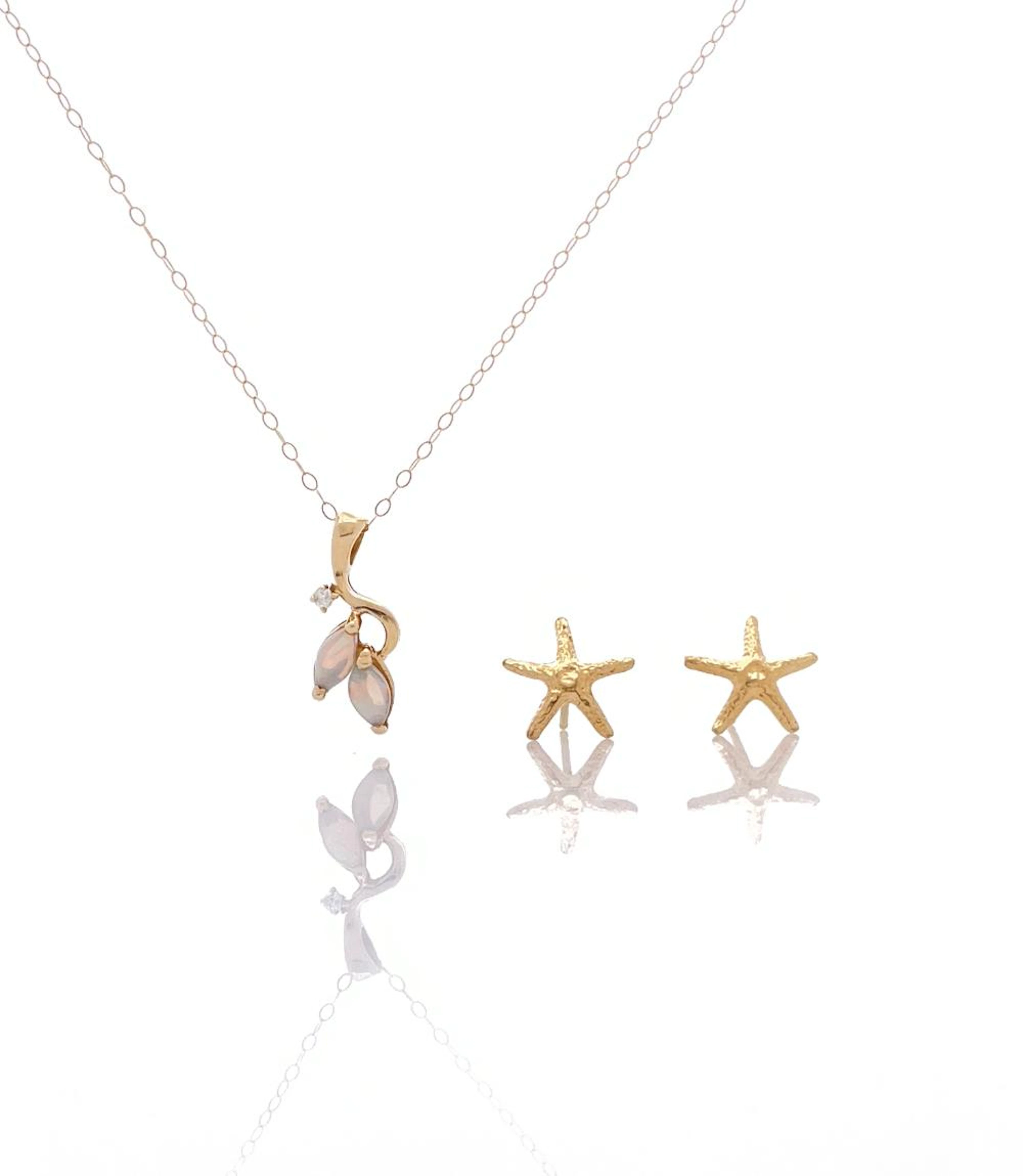 LOT OF 3 14K YELLOW GOLD OPAL & DIAMOND PENDANT NECKLACE & EARRINGS
