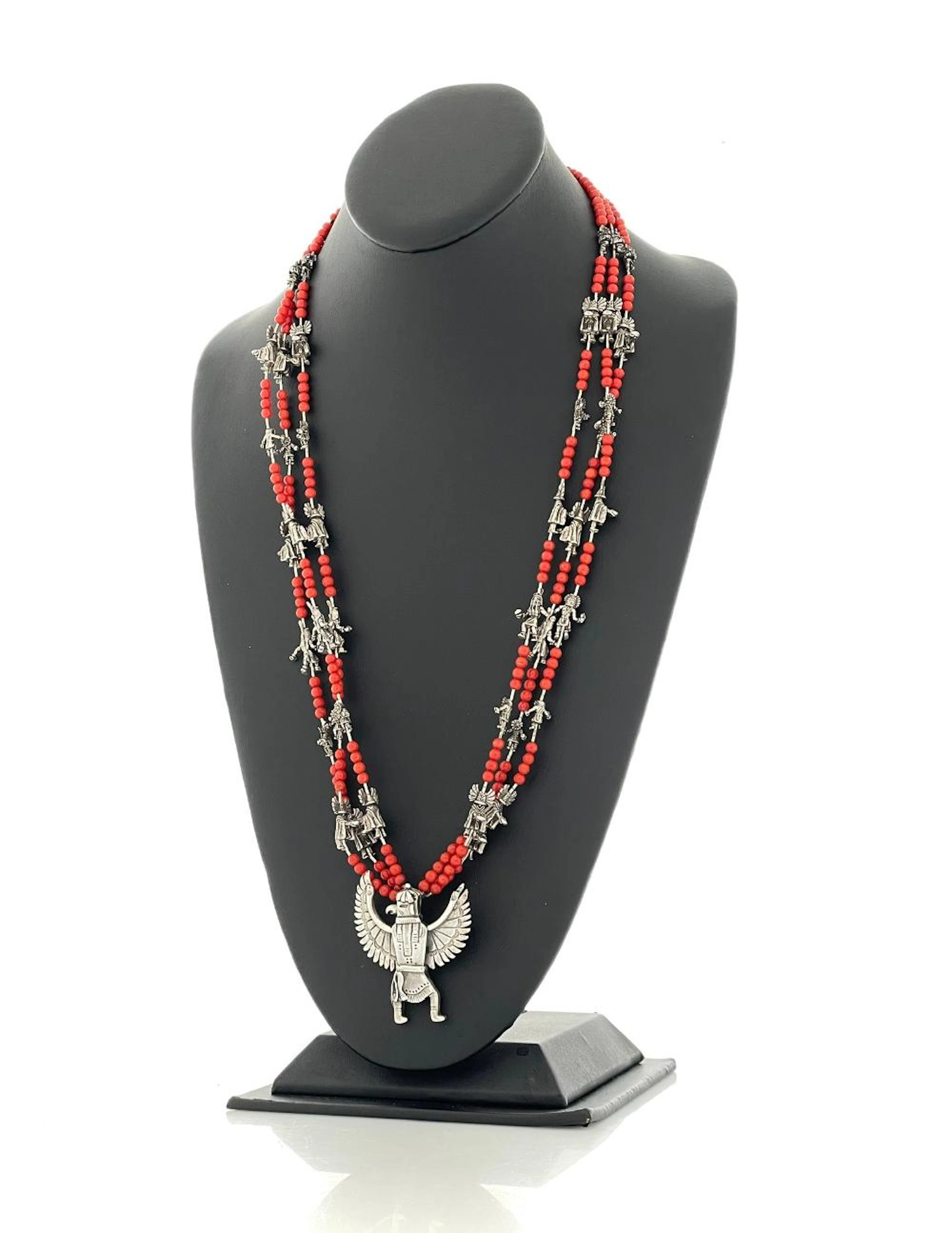 TOM DAVID NAVAJO STERLING SILVER CORAL 3 STRAND KACHINA PENDANT NECKLACE
