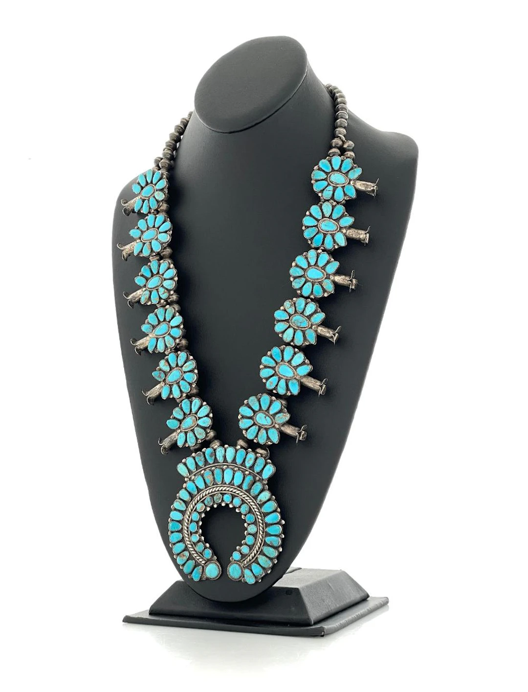 J M BEGAY NAVAJO STERLING SILVER TURQUOISE SQUASH BLOSSOM NECKLACE
