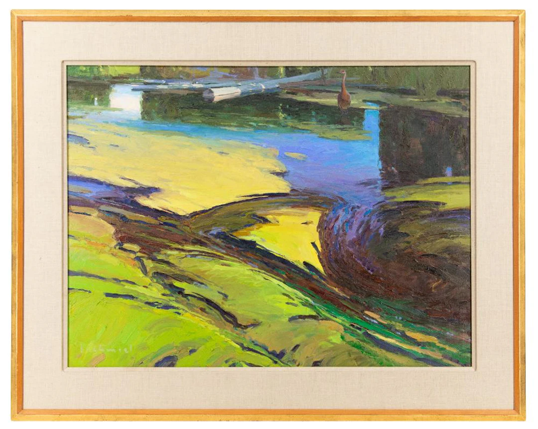 LEN CHMIEL "SPRING CREEK WITH CRANE" OIL ON BOARD