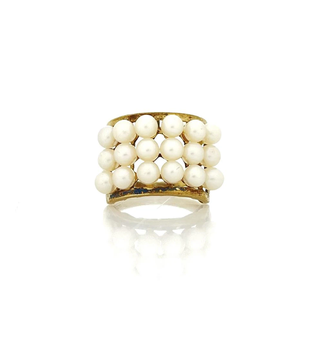 14K YELLOW GOLD WHITE CULTURED SEED PEARL RING