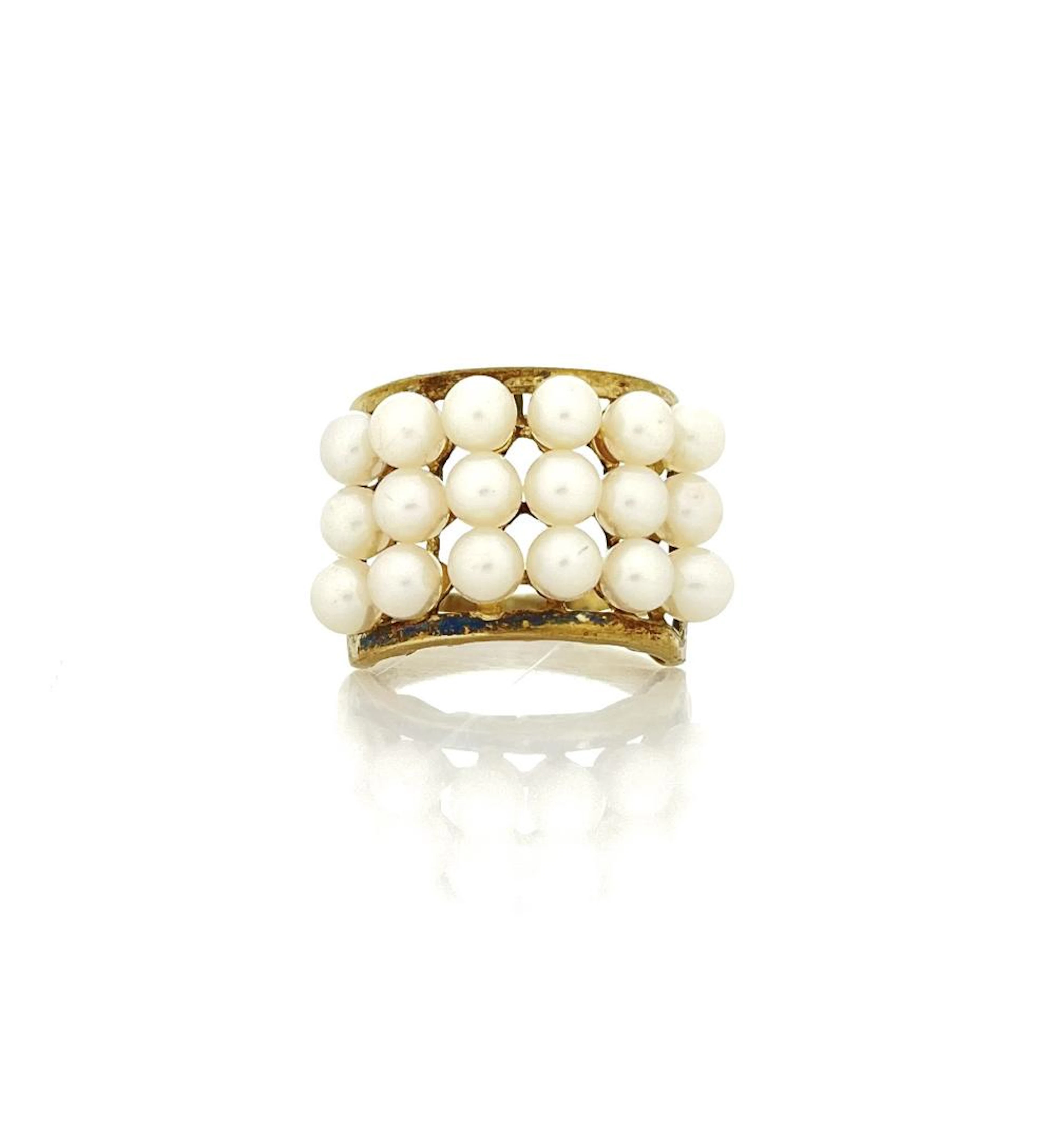 14K YELLOW GOLD WHITE CULTURED SEED PEARL RING