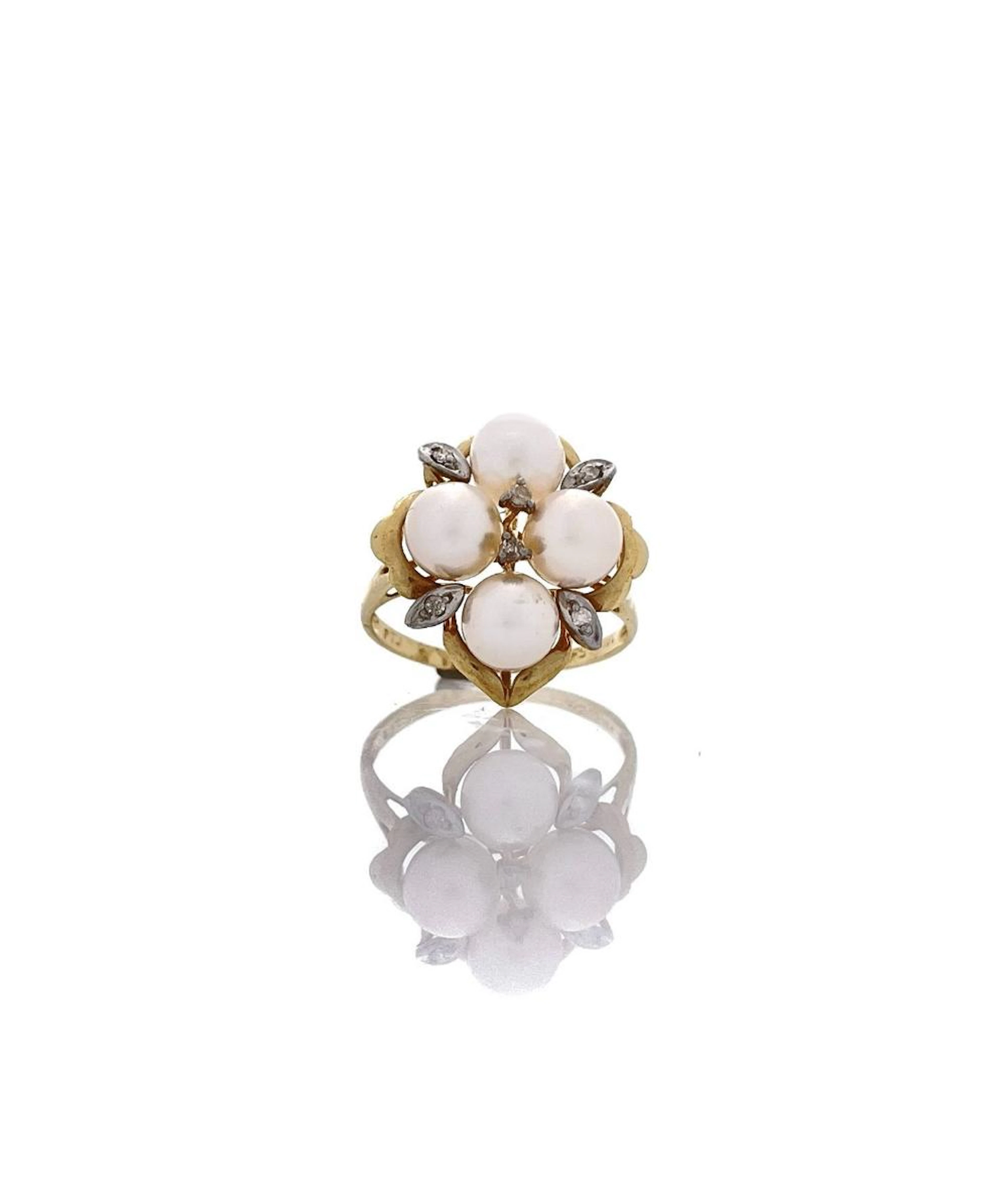 14K YELLOW GOLD DIAMOND & PEARL RING