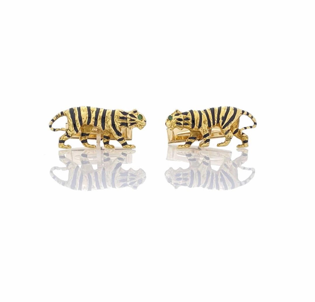 14K YELLOW GOLD EMERALD & ENAMEL TIGER CUFFLINKS