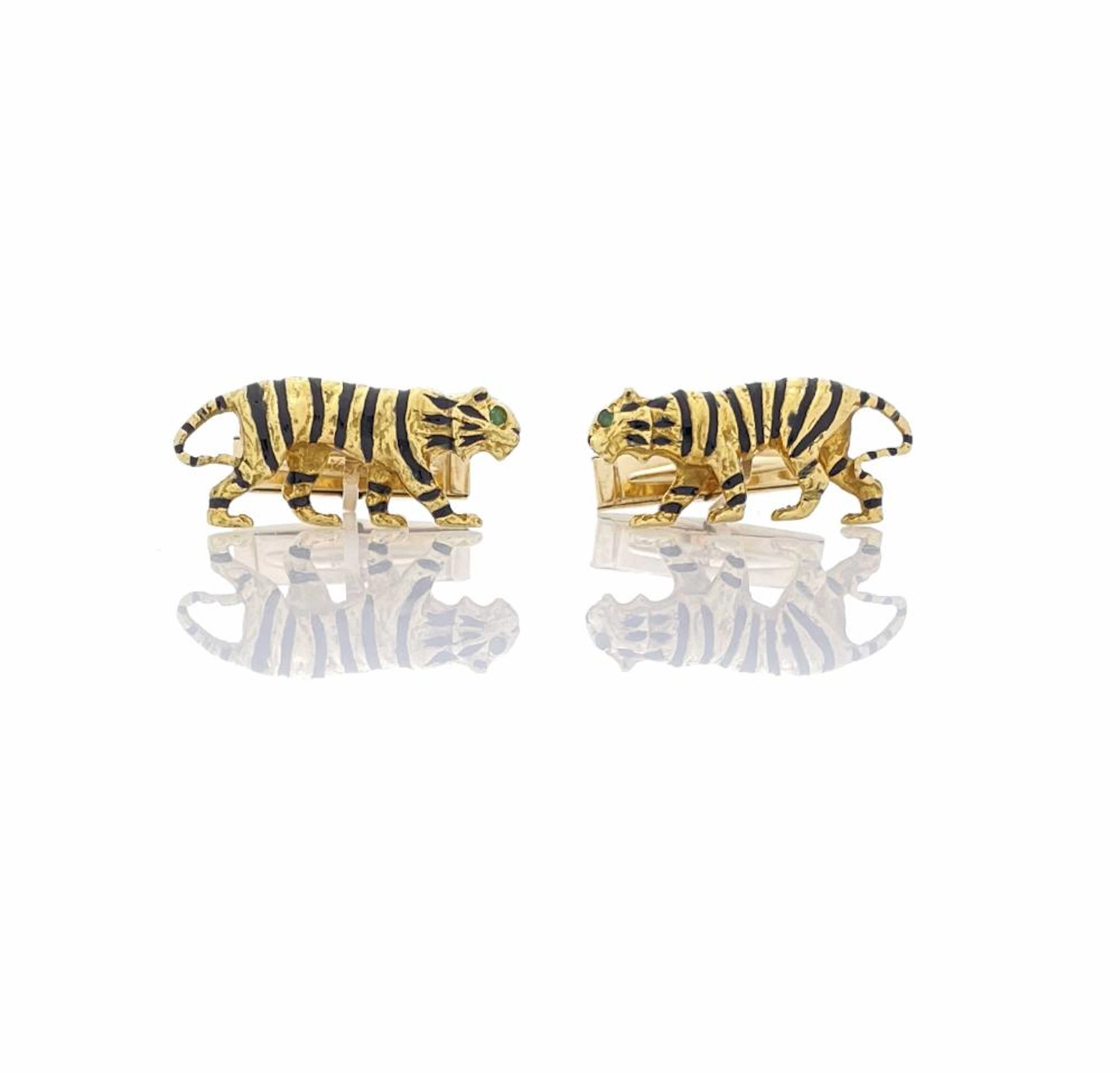 14K YELLOW GOLD EMERALD & ENAMEL TIGER CUFFLINKS