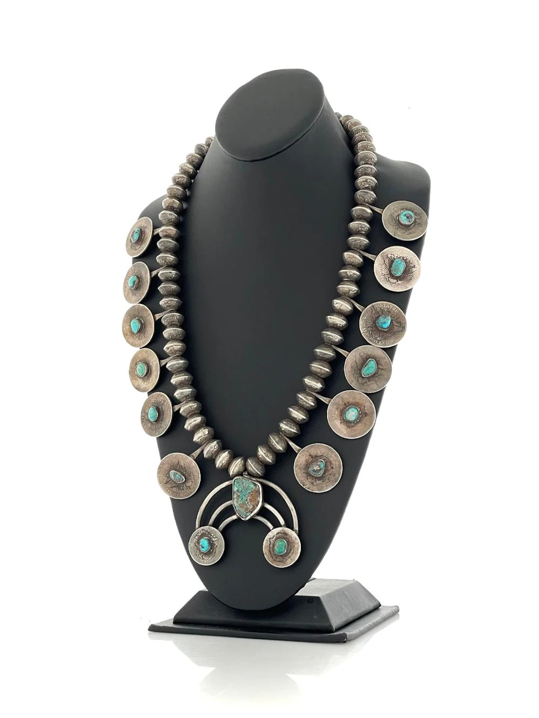 VINTAGE NAVAJO COIN SILVER & TURQUOISE SQUASH BLOSSOM NECKLACE